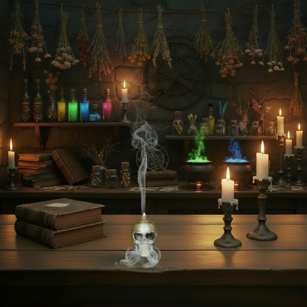 Mini Skull Head Back Flow Resin Incense Holder - Free Incense on the counter in a mystic kitchen with incense burning and smoke cascading downwards.
