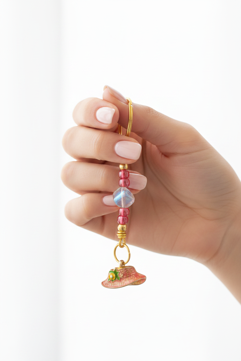 Red Enamel Hat Handmade Beaded Mini Keychain held by a hand showing scale.