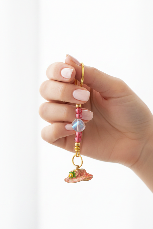 Red Enamel Hat Handmade Beaded Mini Keychain held by a hand showing scale.