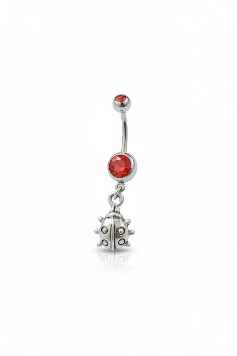 Red Crystal Lady Bug Belly Button Ring in 316l stainless steel close up detail.