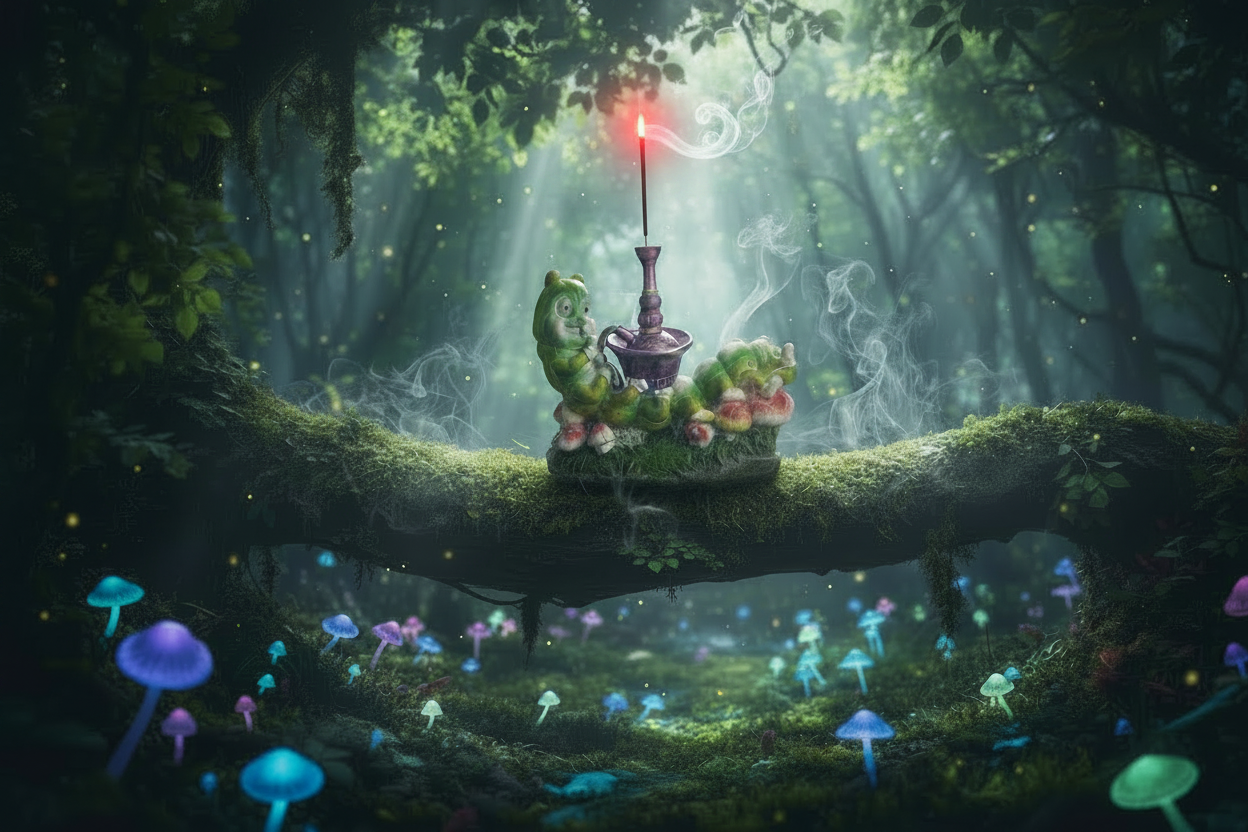 Caterpillar with Hookah Resin Incense Holder - Free Incense on the branch of a leafy tree in a mystical mushroom forest with incense burning and smoke rising.