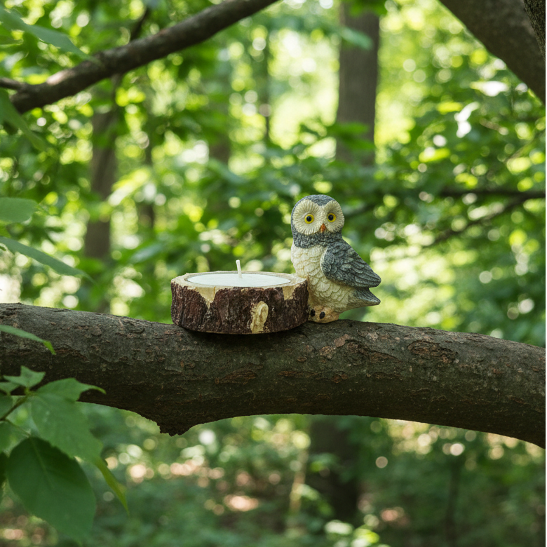 Gray Owl Wooden Stump Resin Tea Light Candle Holder placed on a branch of a leafy tree in the forest.