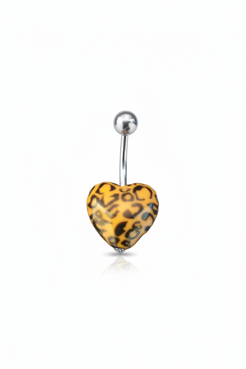 Orange Leopard Print Heart acrylic belly button ring in 316l stainless steel