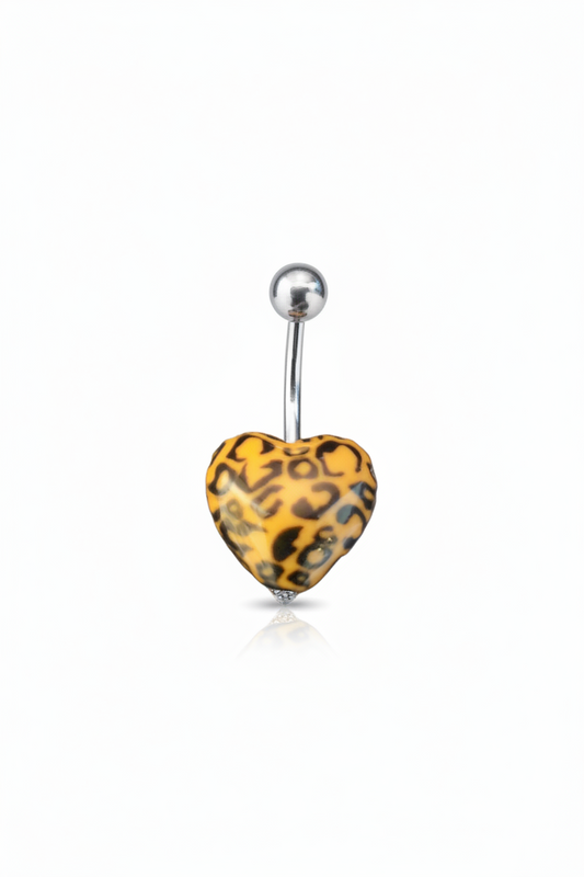 Orange Leopard Print Heart acrylic belly button ring in 316l stainless steel