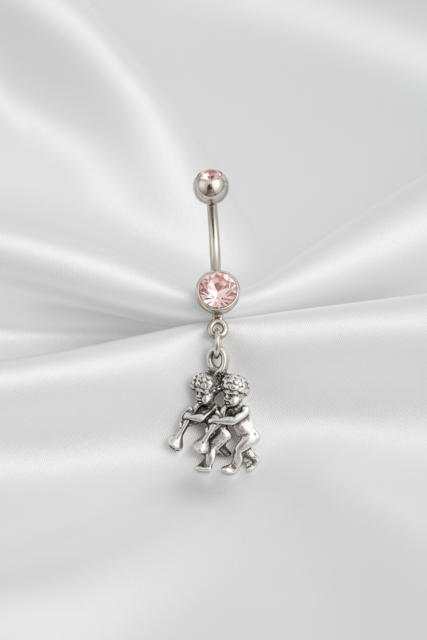 Pink Crystal Gemini Belly Button Ring in 316l stainless steel.