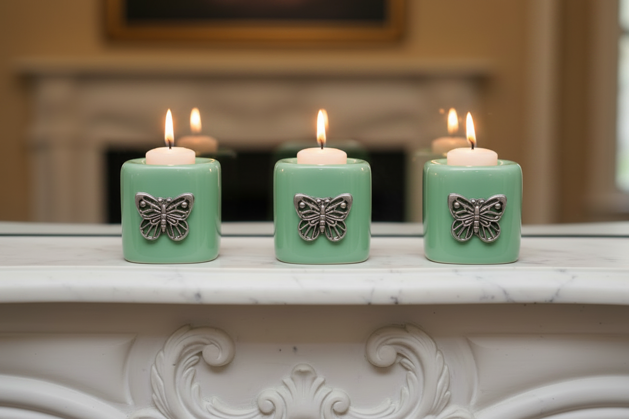 Green Butterfly Ceramic Mini Candle Holder Set of Three on a fireplace mantle with candles lit showing a warm glow. 