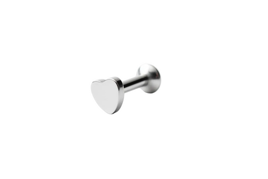 Internally Threaded Steel Heart Labret Lip Ring in 316l stainless steel close up detail.