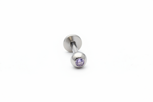 Violet Purple Crystal Labret Lip Ring in 316l stainless steel close up detail.