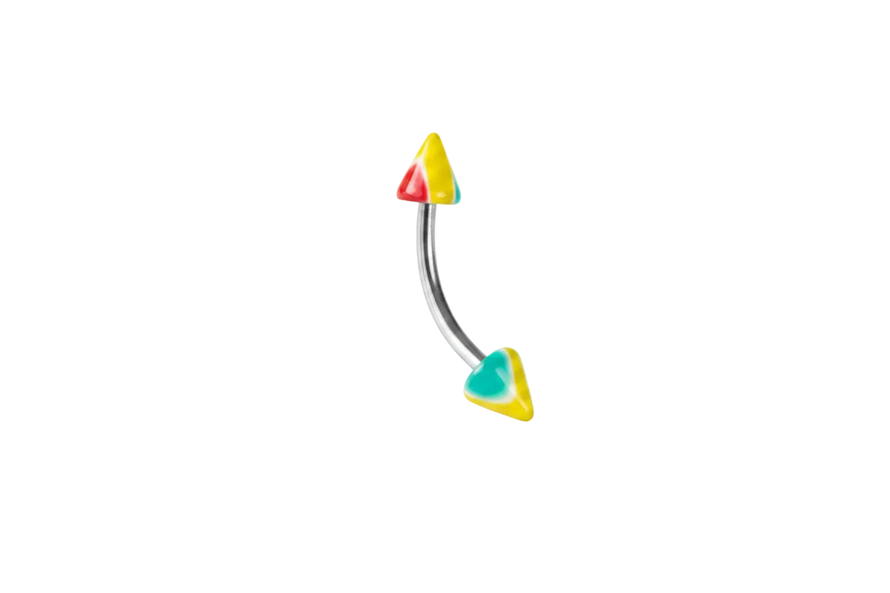 Yellow Multicolor Acrylic Spike Eyebrow Ring in 316l stainless steel close up detail.