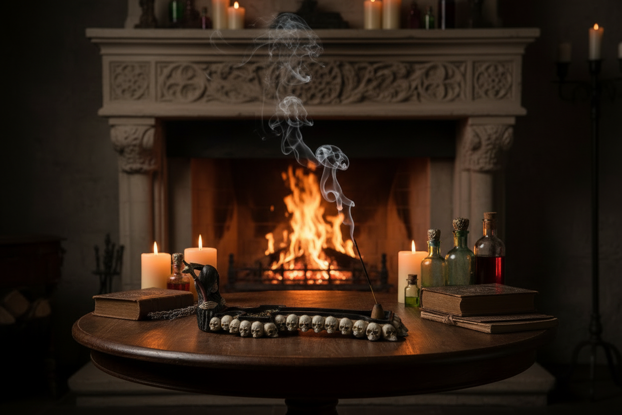 Grim Reaper Resin Incense Holder - Free Incense on a wooden table in front of a fireplace in a medieval castle setting with incense burning and smoke rising.