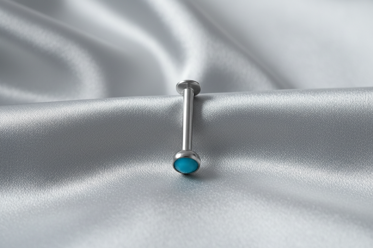 Aqua Opal Crystal Labret Lip Ring in 316l stainless steel.
