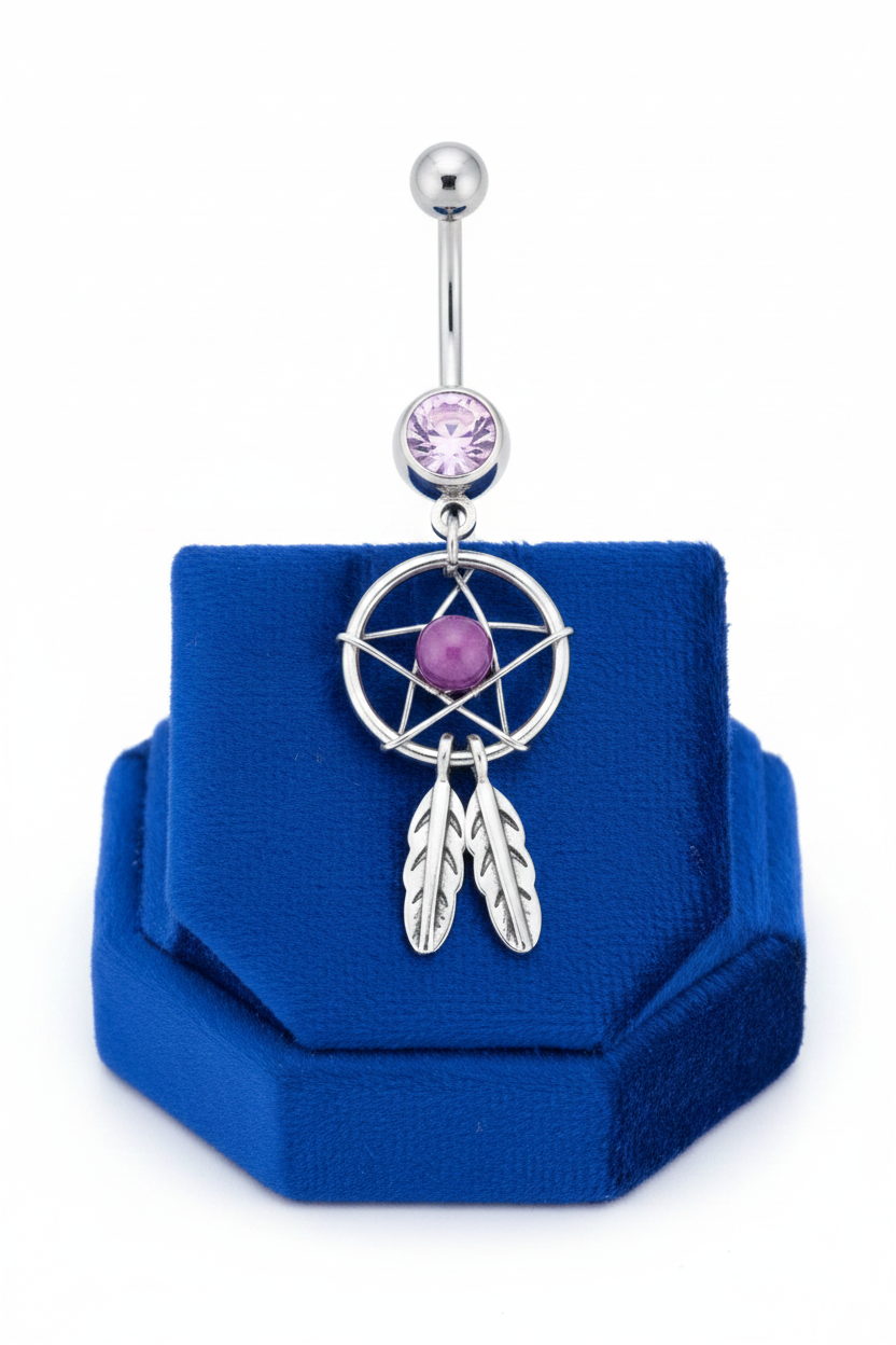 Purple Crystal Mystical Dream Catcher Belly Button Ring in 316l stainless steel on a blue velvet jewelry display.