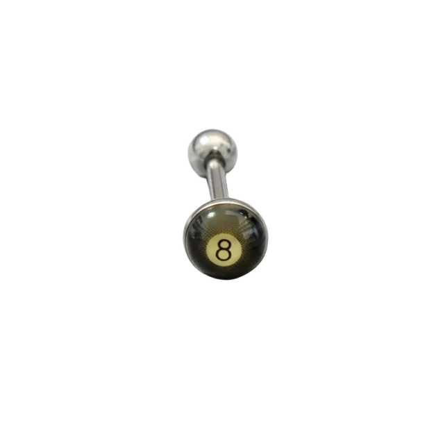 8 Ball Tongue Barbell in 316l stainless steel in close up detail.