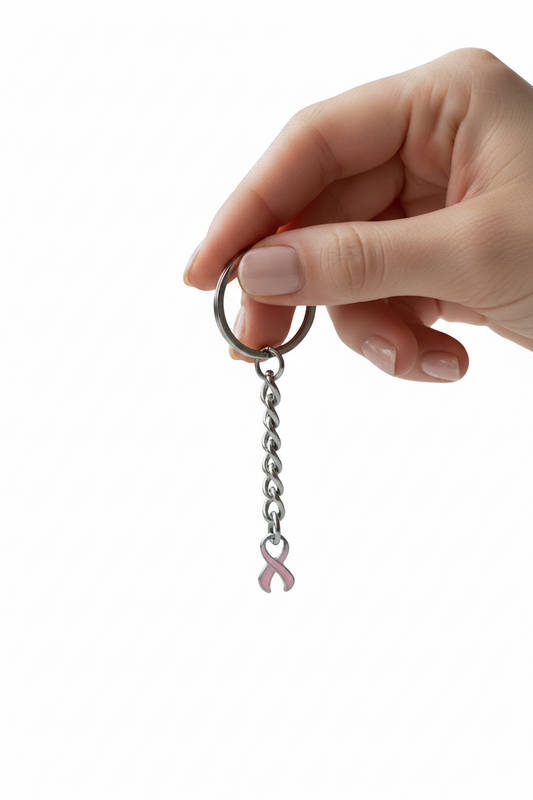 Pink Enamel Ribbon Handmade Silver Plated Charm Keychain held by a hand showing scale.
