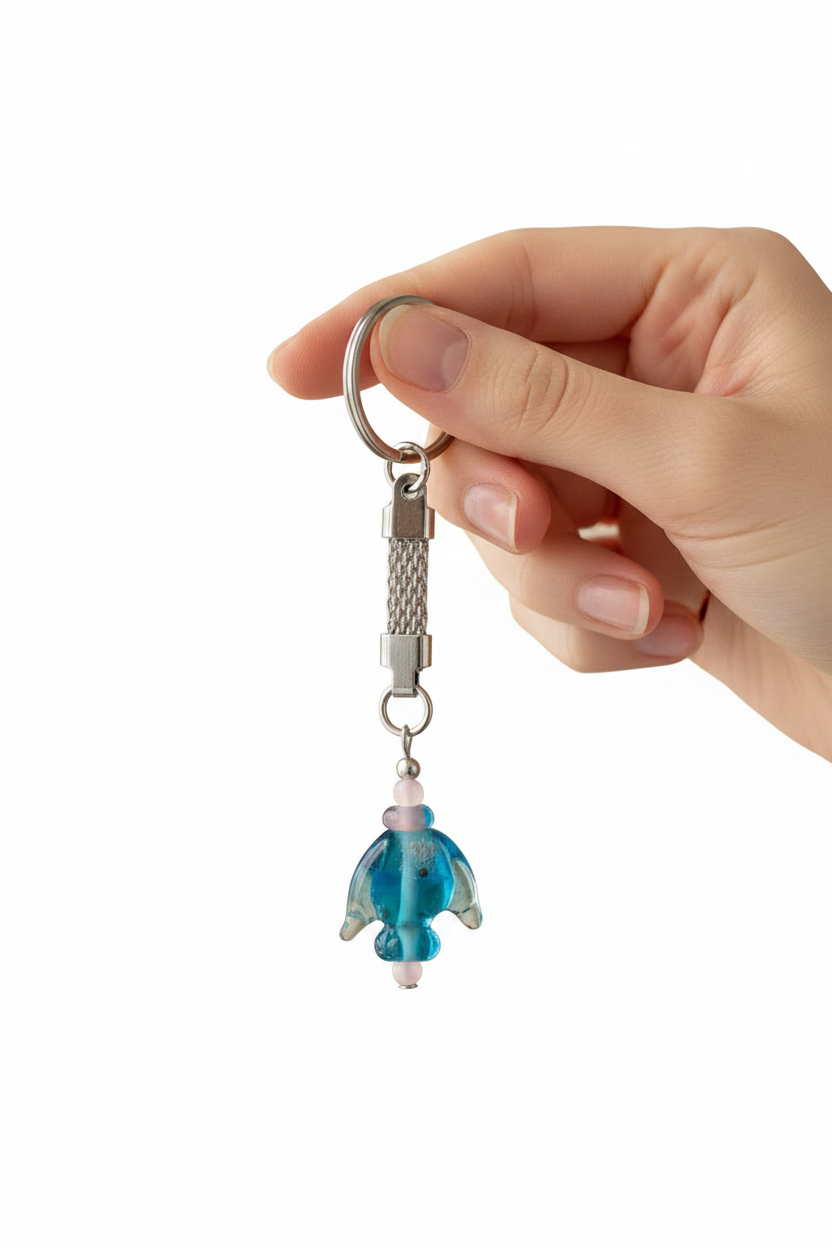Aqua Glass Fish Handmade Steel Plated Keychain held by a hand showing scale.