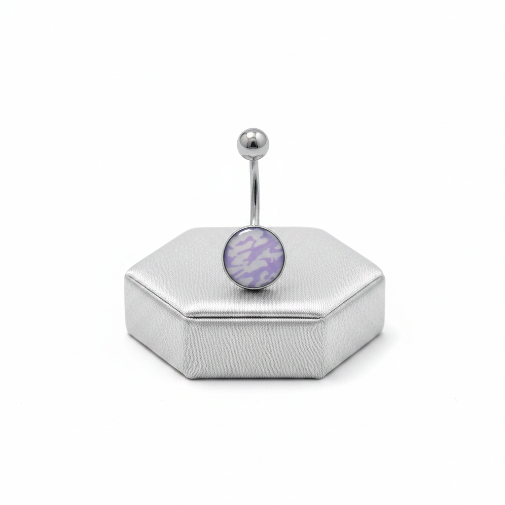 Blue Camouflage Belly Button Ring in 316l stainless steel on a silver silk jewelry display upright position.