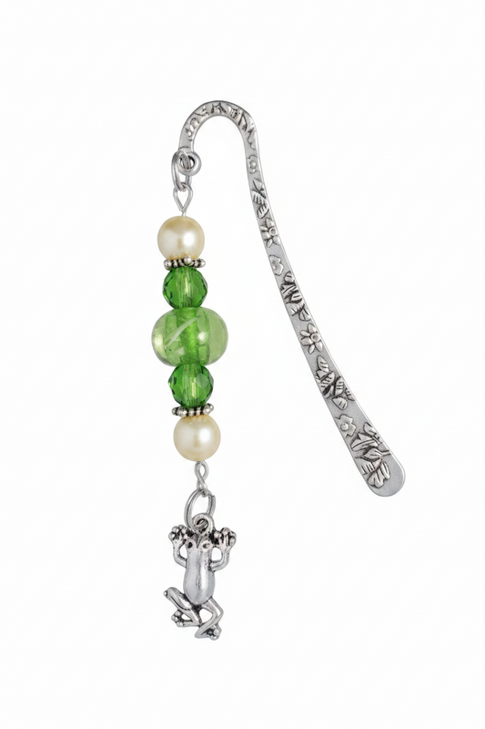 Pond Frog Handmade Beaded Silver Plated Bookmark - One of a Kind on a white background showing charm detail.