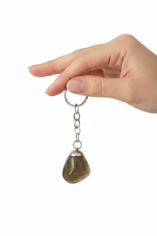 Smoky Quartz Natural Earth Stone Handmade Steel Plated Keychain held by a hand showing scale.