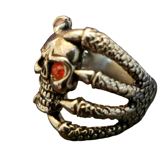 Men's Steel Red Eyed Clawed Skull Ring