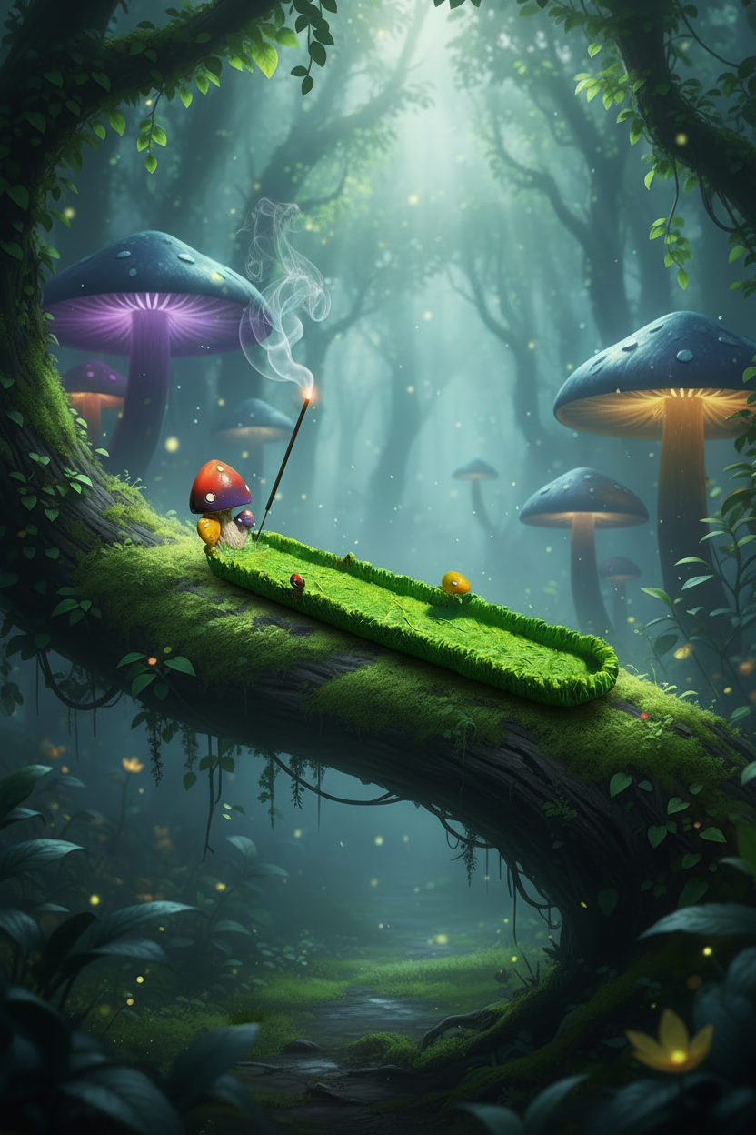 Red Mushroom Resin Incense Holder - Free Incense on the branch of a leafy tree in a mystical mushroom forest setting with incense burning and smoke rising.