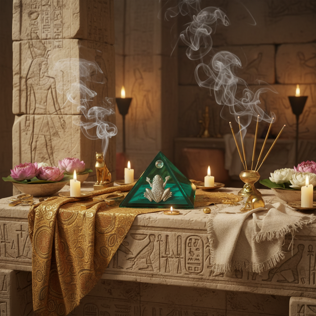 Green Frog Mini Glass Pyramid Keepsake Box on an Egyptian altar.
