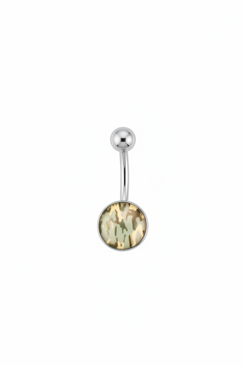 Grey Camouflage Belly Button Ring in 316l stainless steel on a white background.