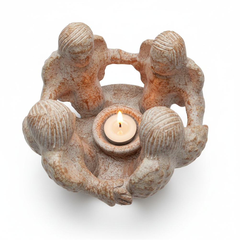 Circle of Angels Terra Cotta Tea Light  Candle Holder on a white background with the candle lit showing a warm glow.