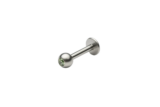 Green Peridot Crystal Labret Lip Ring - 316L Stainless Steel close up detail.