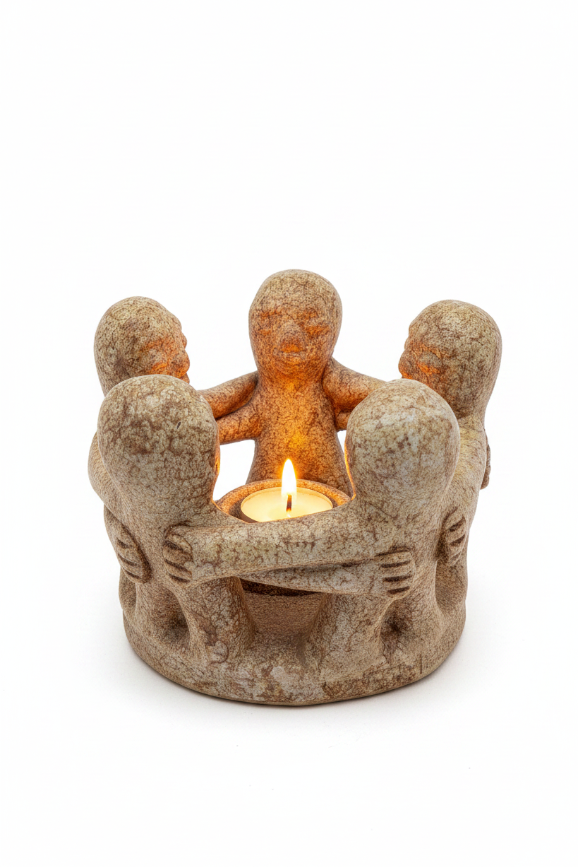 Circle of Friends Terra Cotta Tea Light Candle Holder on a white background with the candle lit showing a warm glow.