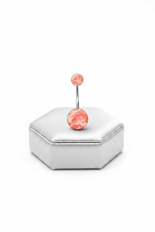 Pink Camouflage Acrylic Belly Button Ring in 316l stainless steel on a silver jewelry display upright angle.