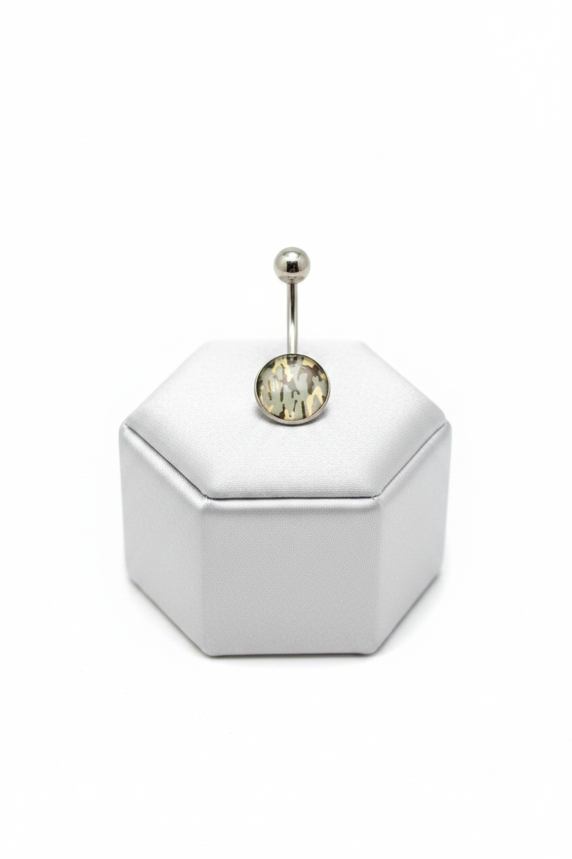 Grey Camouflage Belly Button Ring in 316l stainless steel on a silver jewelry display upright position.