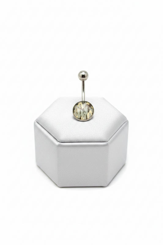 Grey Camouflage Belly Button Ring in 316l stainless steel on a silver jewelry display upright position.