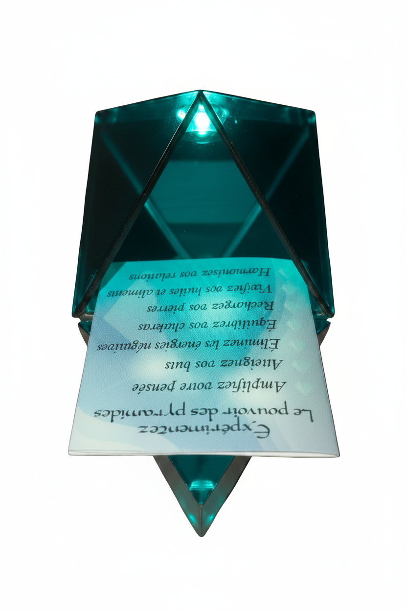 Light aqua mini pyramid keepsake box open on a white background showing mirrored base interior.