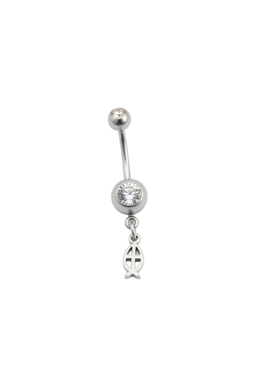 Clear Crystal Jesus Fish Belly Button Ring in 316l stainless steel front facing.