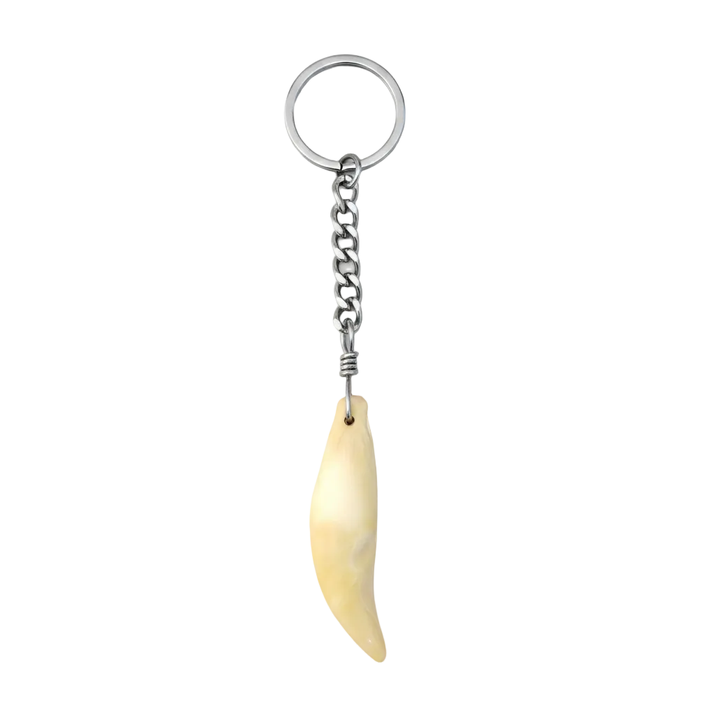 Authentic N.S Bear Tooth Handmade Steel Plated Keychain on a white background.