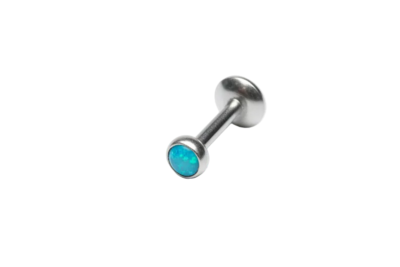 Internally Threaded Ocean Aqua Opal Labret Lip Ring in 316l stainless steel up close detail.