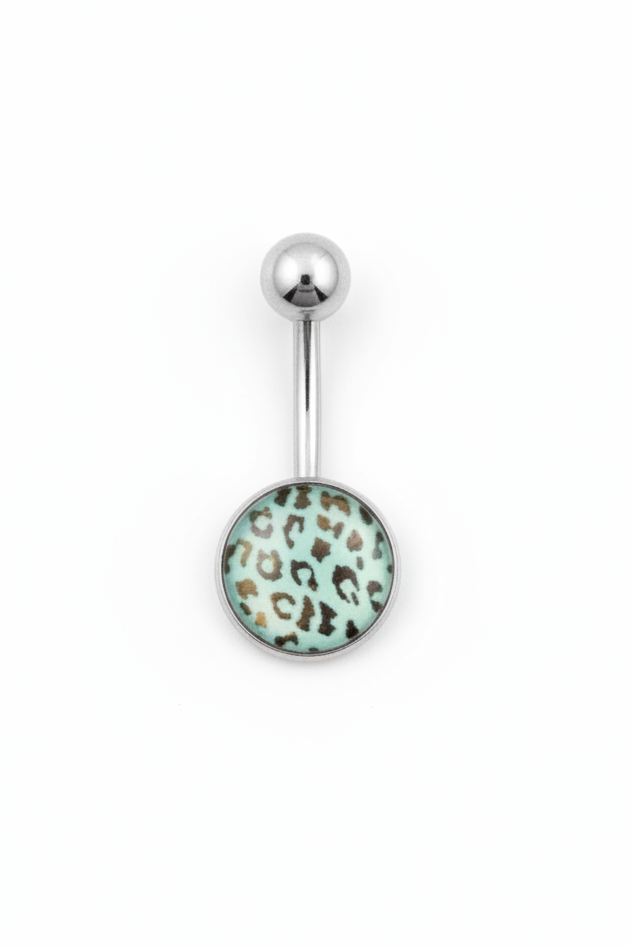 Blue Leopard Print Belly Button Ring in 316l stainless steel on a white background in close up detail.