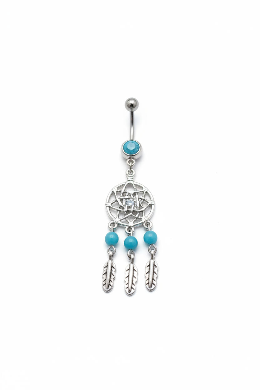 Aqua Crystal Dream Catcher Belly Button Ring in 316l stainless steel close up detail.