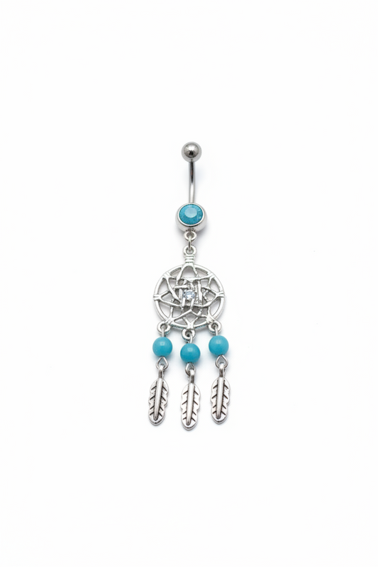 Aqua Crystal Dream Catcher Belly Button Ring in 316l stainless steel close up detail.