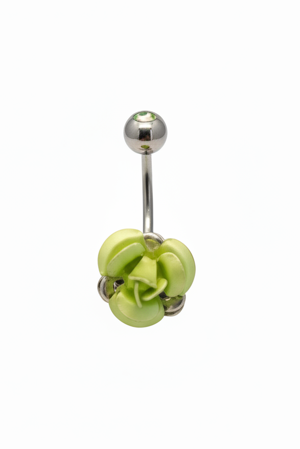 Green Rose Belly Button Ring in 316l stainless steel in close up detail.