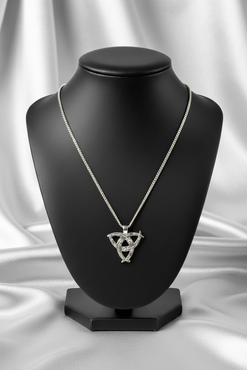 Mystical Triquetra Steel Chain Necklace in 316l stainless steel on a black bust.
