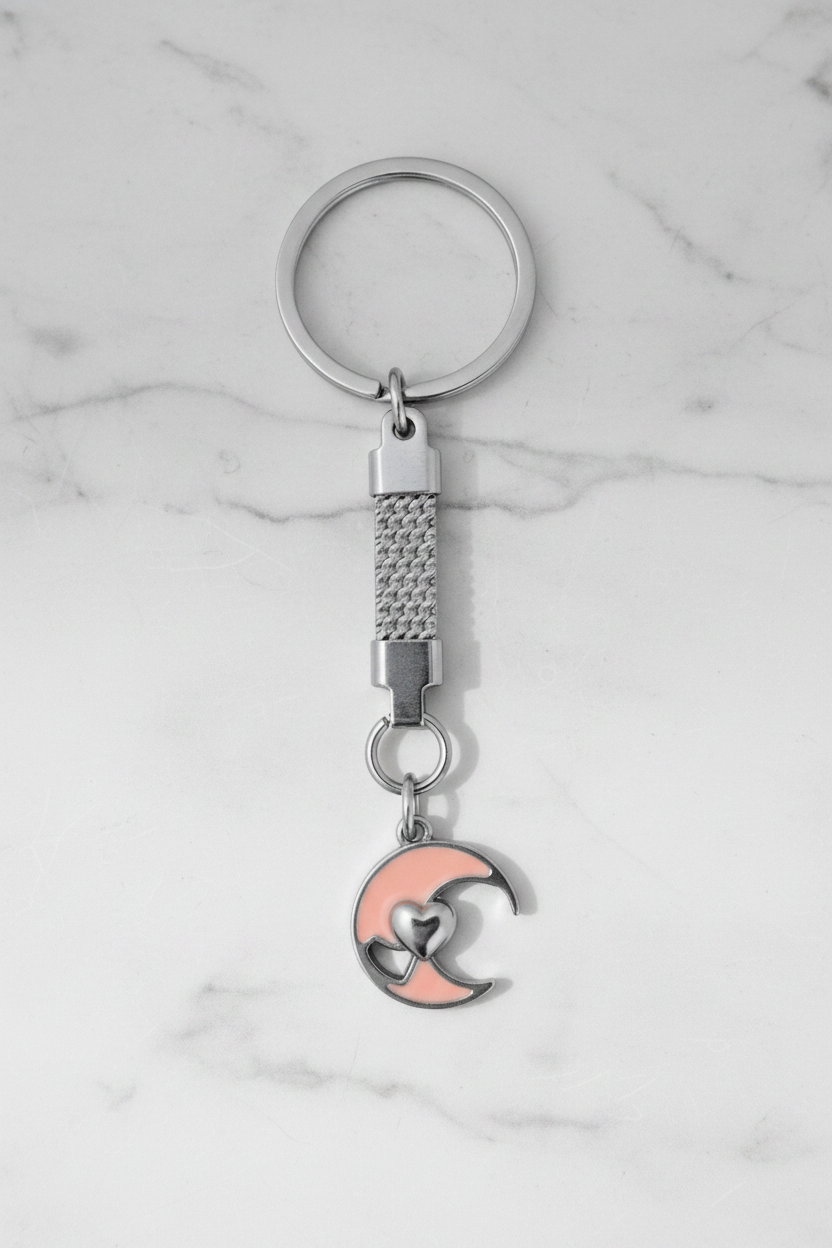 Pink Enamel Moon with Heart Handmade Steel Plated Keychain on a white marble surface.