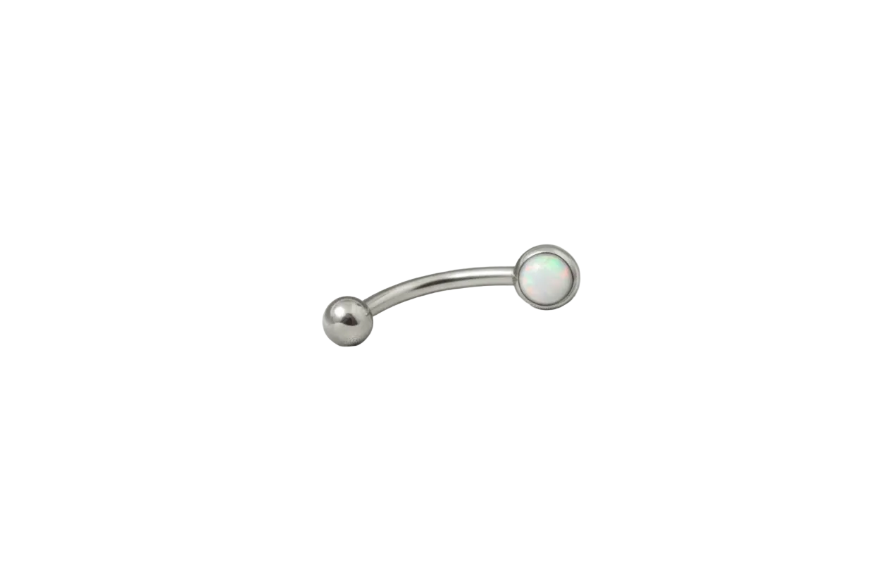 White Opal Flat Head Top Eyebrow Ring in 316l stainless steel close up detail.