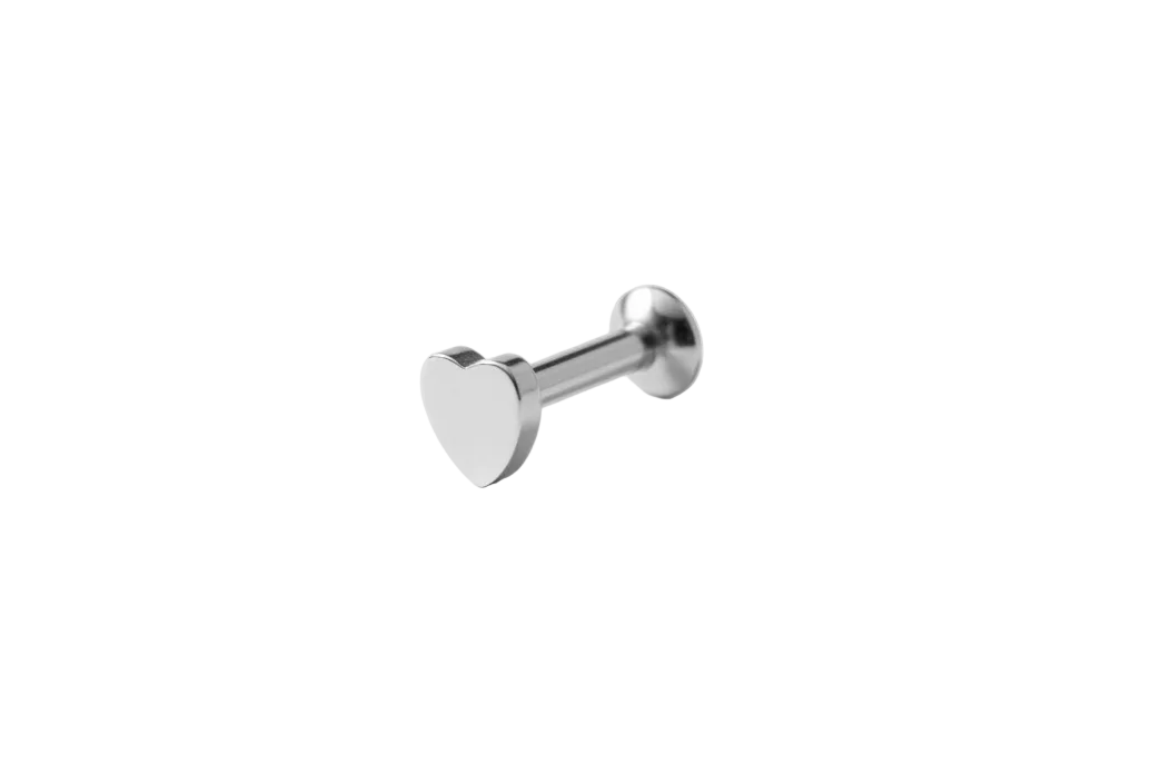 Internally Threaded Steel Heart Labret Lip Ring in 316l stainless steel angled left.