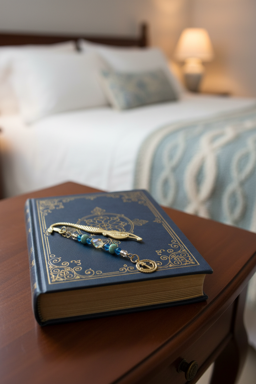 Rope Anchor Handmade Beaded Mermaid Pewter Bookmark - One of a Kind laying on a book on a bedside table showing glass beadwork.