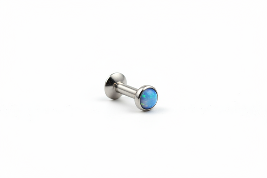 Internally Threaded Aqua Opal Labret Lip Ring in 316l stainless steel close up