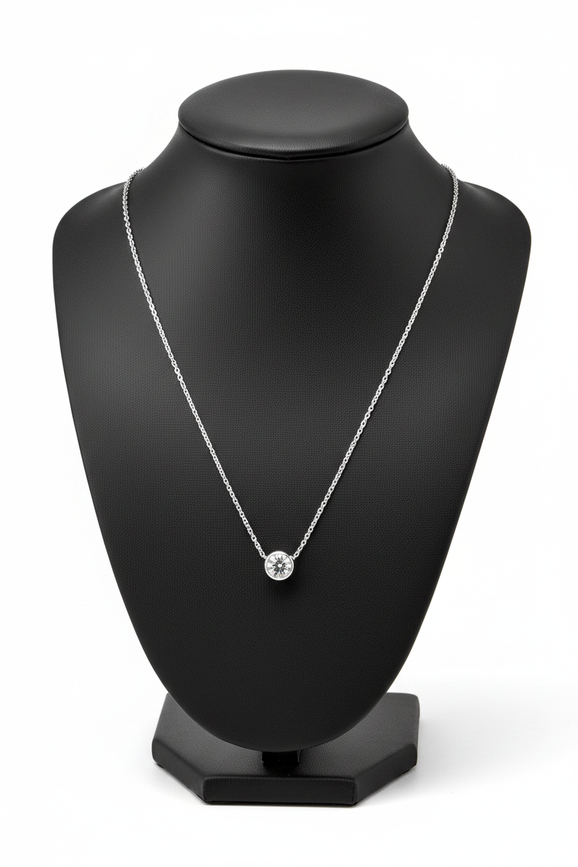 Clear Crystal Steel Chain Necklace in 316l stainless steel on a black bust with a white background.