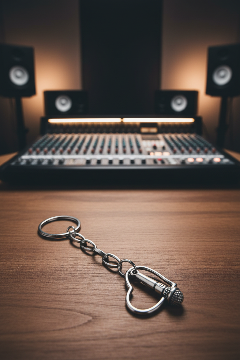 Heart and Microphone Handmade Silver Plated Charm Keychain on a wooden surface in a recording studio.