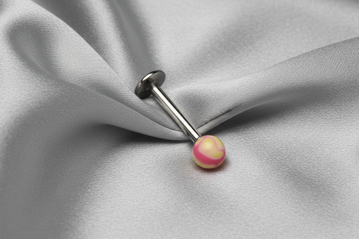 Pink & Yellow Acrylic Labret Lip Ring in 316l stainless steel.