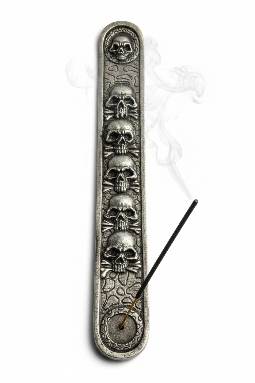 Skull and Bones Resin Incense Holder - Free Incense on a white background with incense burning and smoke rising.